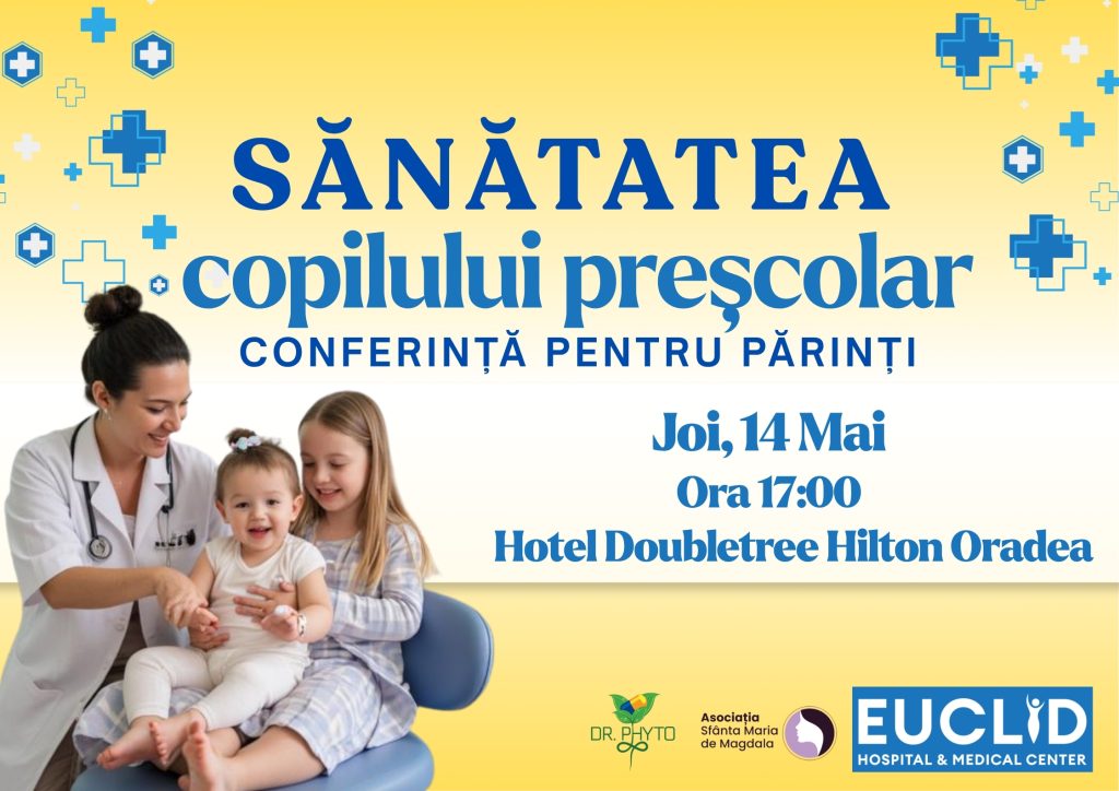 Banner advertising a health conference for preschool children; shows a doctor with a young child and family, yellow gradient background, event details and logos at the bottom right.