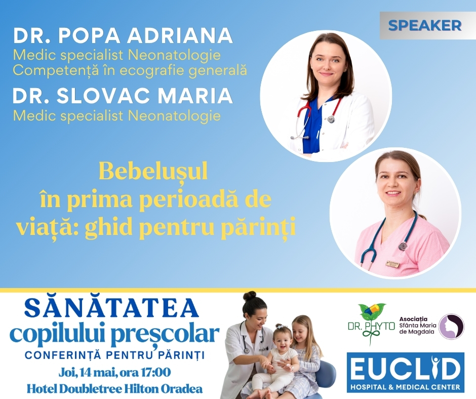 Blue conference poster featuring two doctors in circular portraits and Romanian text about newborn care for parents, with event details and logos at the bottom.