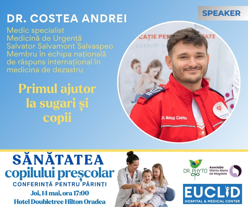 Promotional poster for Dr. Costea Andrei, emergency medicine specialist, with a circular photo and a 'Speaker' badge, about first aid for diabetes; event banners below.