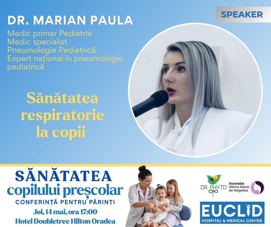 Speaker promo for Dr. Marian Paula about pediatric respiratory health; circular photo of the speaker with a microphone, blue gradient background and Romanian text 'Sănătatea respiratorie la copii'.
