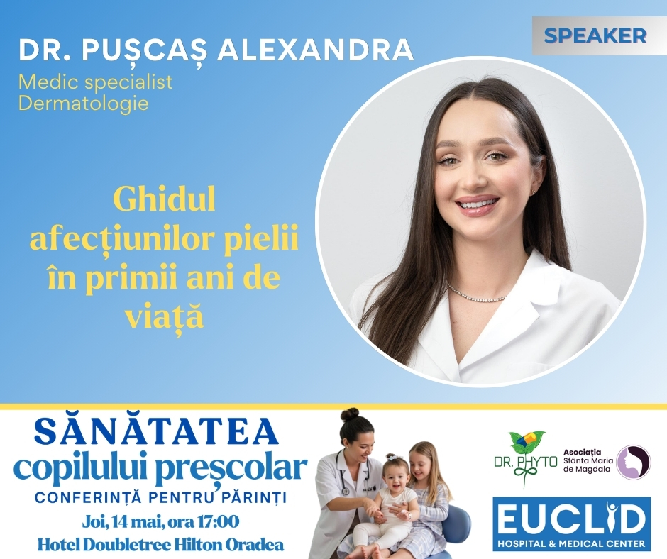 Portrait of Dr. Alexandra Pușcaș, dermatology specialist, in a circular frame on a blue gradient banner with Romanian event title text nearby.