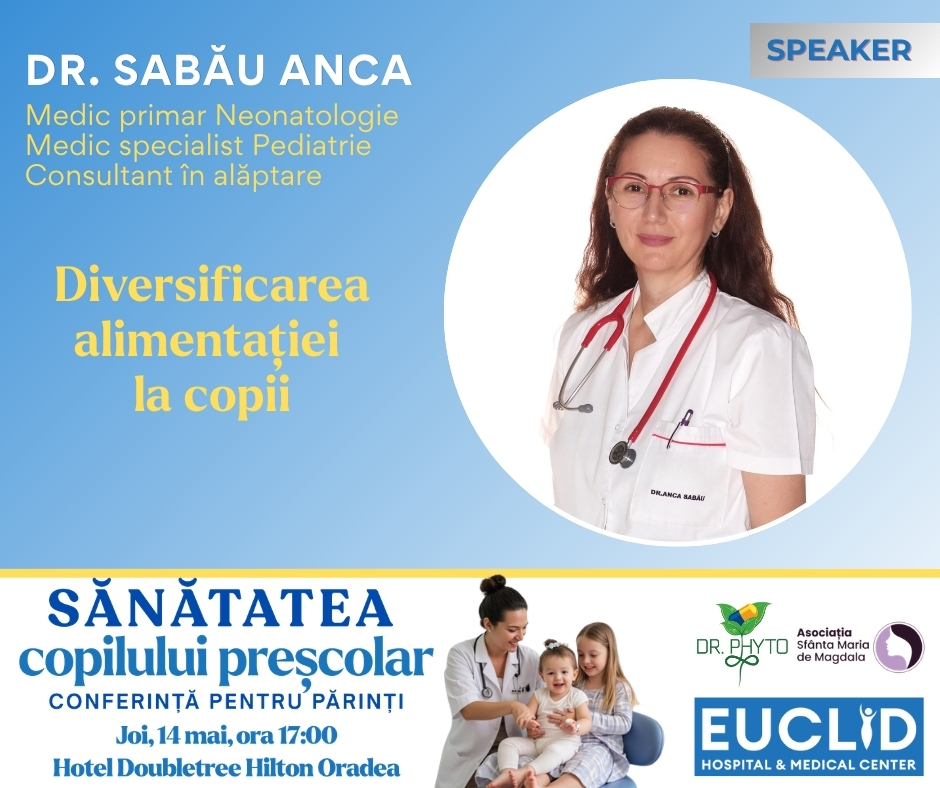 Poster advertising Dr. Anca Sabău, pediatrician, speaking on diversifying children's diets; includes photo of the doctor in a white coat with stethoscope on a blue gradient background.