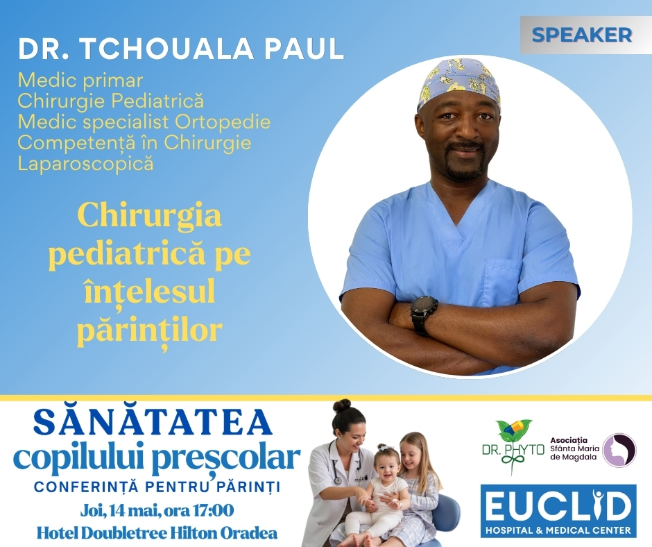 Poster for Dr. Tchouala Paul's pediatric surgery talk for parents; smiling doctor in blue scrubs inside a white circle with a 'Speaker' badge in the corner.